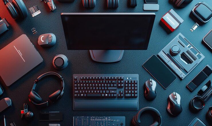 Desk with monitor, keyboard, and laptop