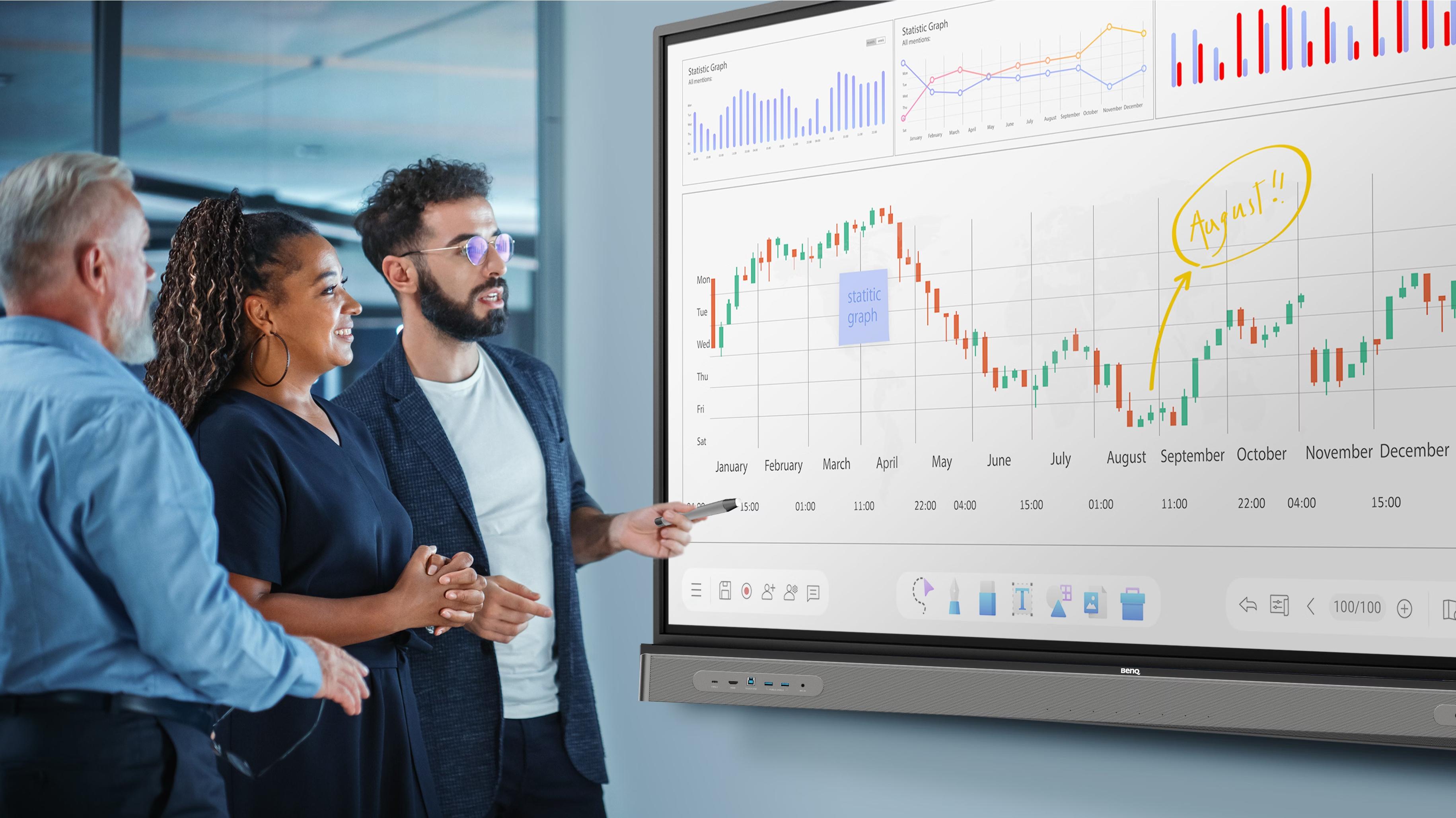 Team collaborating in a modern meeting space with a large display