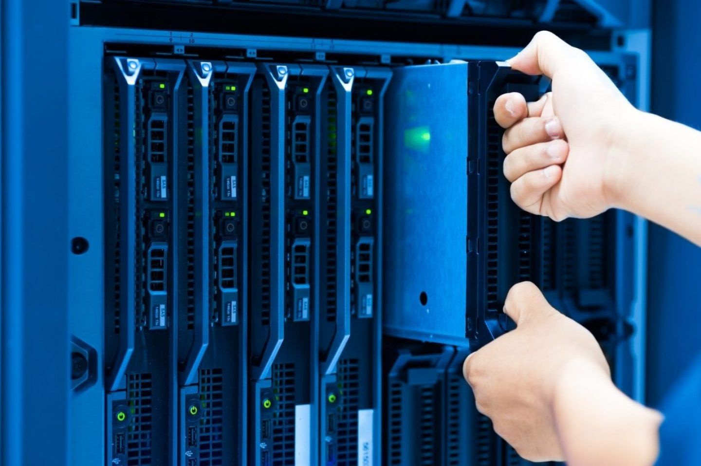Rows of rack-mounted servers in a data centre
